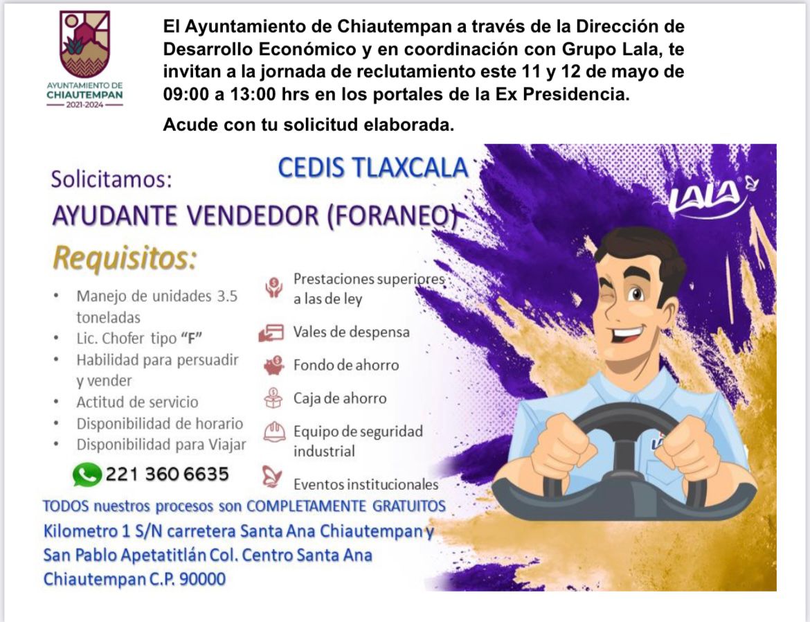 Invita Ayuntamiento de Chiautempan a Jornada de reclutamiento de Grupo Lala